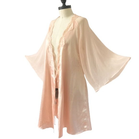 Vintage VALENTINO Peach Satin Lace Negligee Robe - Picture 5 of 17
